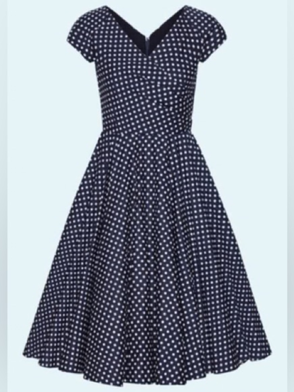 Rockabilly Pinup Classic Navy Polka Dot Swing Dress with Cap Sleeves